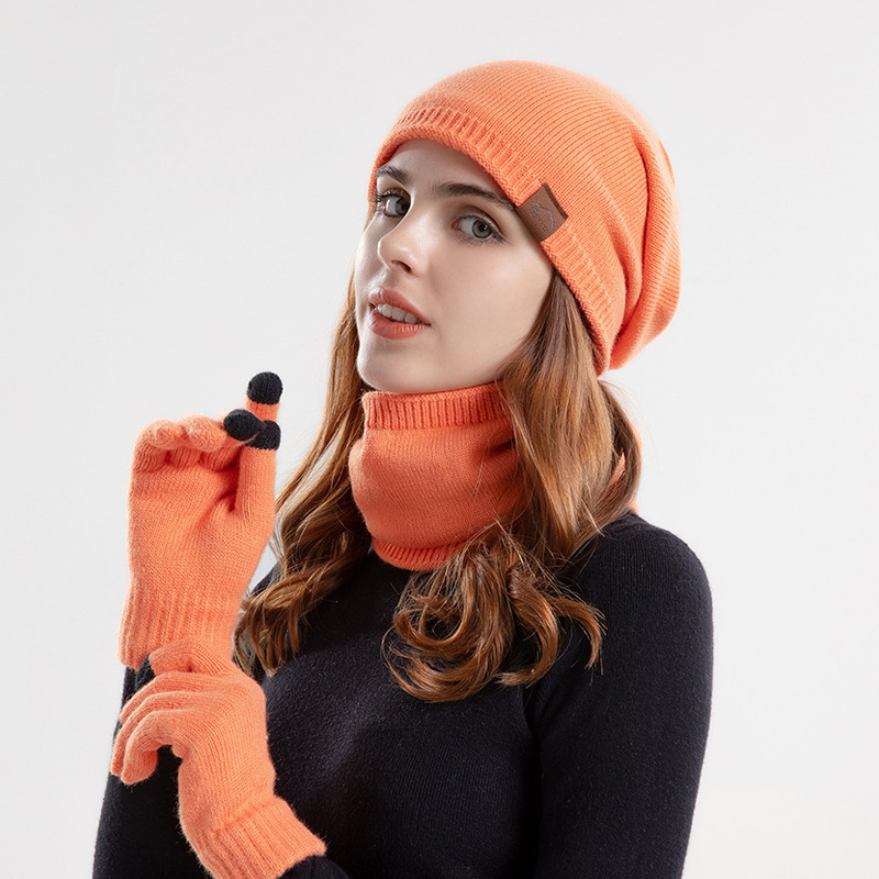 9155 cross-border knitted woolen cap winter warm hat scarf gloves three-piece suit fleece-lined Earflaps sleeve cap