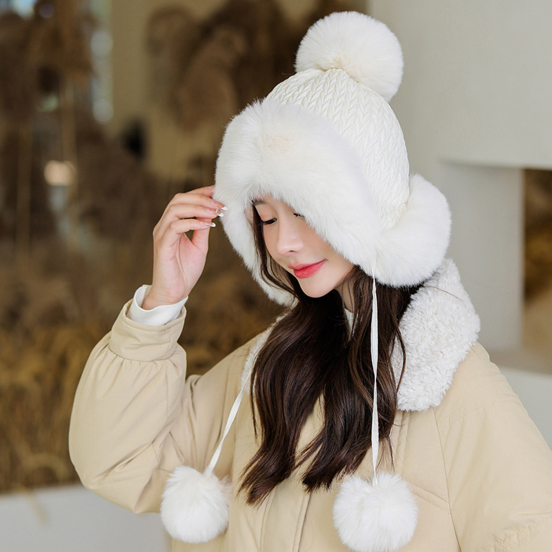 9705 new Korean style women's ushanka cold protection in winter warm fur ball sleeve cap plush windproof Earflaps hat