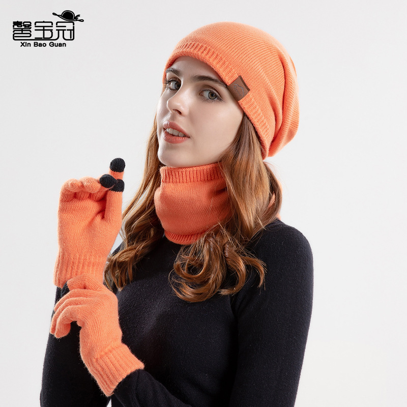 9155 cross-border knitted woolen cap winter warm hat scarf gloves three-piece suit fleece-lined Earflaps sleeve cap