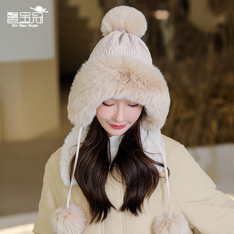 9705 new Korean style women's ushanka cold protection in winter warm fur ball sleeve cap plush windproof Earflaps hat