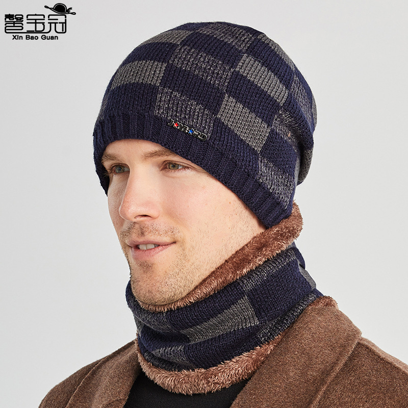 9114 winter hat sleeve cap scarf set fleece-lined thickened woolen cap men's European and American Fall Winter men knitted hat