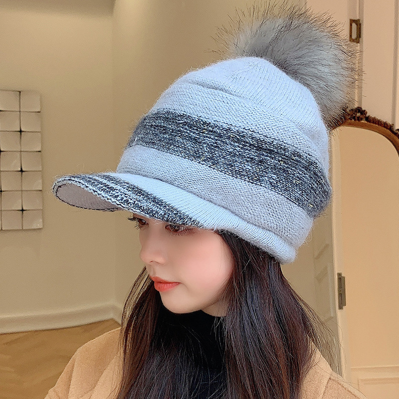 9870 autumn and winter New pure color rabbit fur warm ear protection knitted hat Korean style trendy casual baseball cap Women's hat