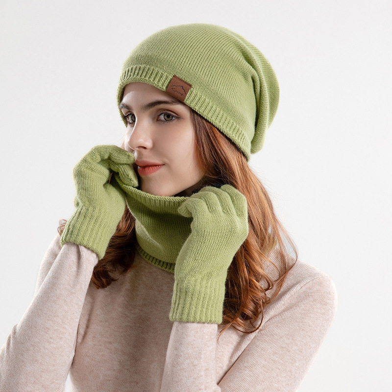 9155 cross-border knitted woolen cap winter warm hat scarf gloves three-piece suit fleece-lined Earflaps sleeve cap