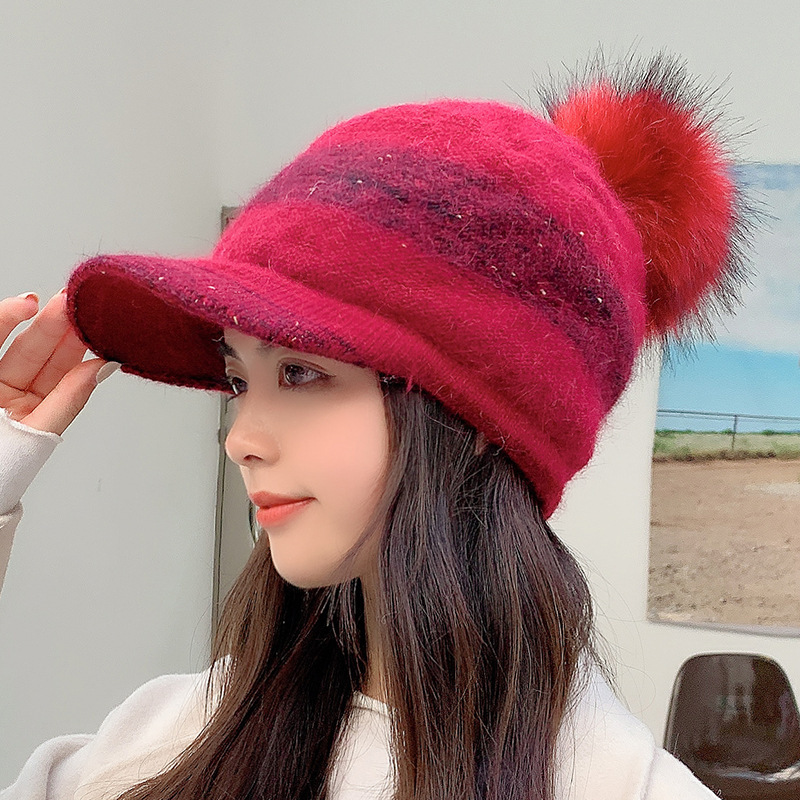 9870 autumn and winter New pure color rabbit fur warm ear protection knitted hat Korean style trendy casual baseball cap Women's hat