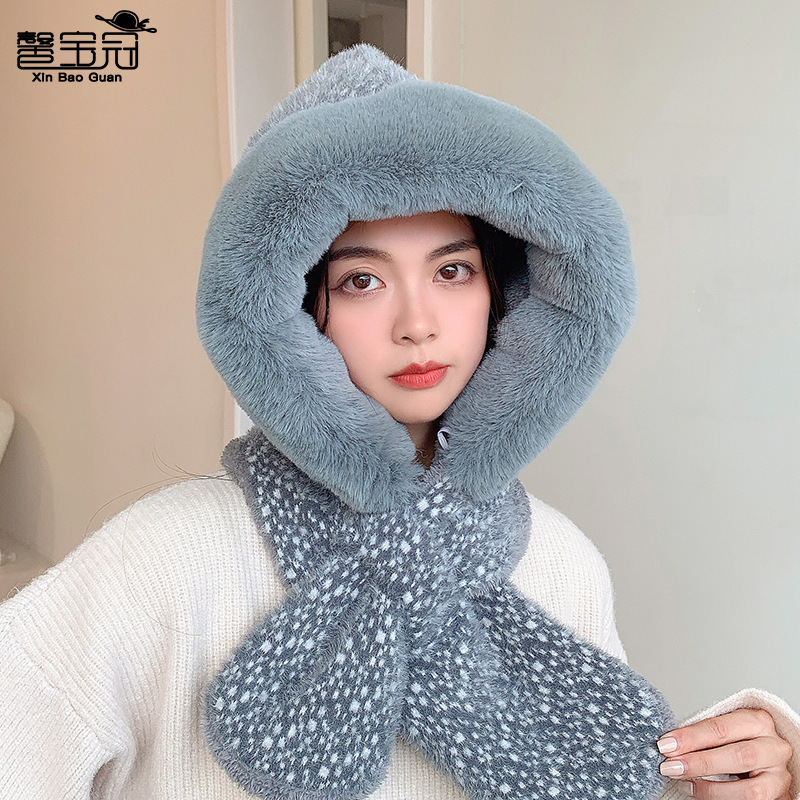 9850 Korean style winter New plush bonnet fleece-lined windproof sleeve cap thick warm cross scarf hat integrated