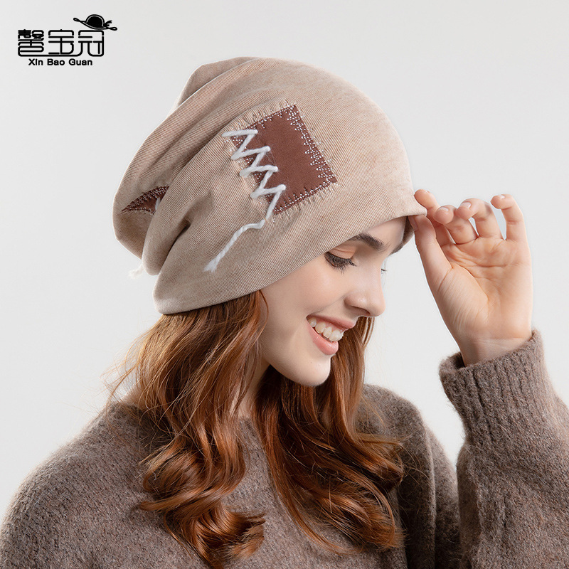 8162 autumn and winter New knitted pile heap cap Korean style lace patch head-wrapping hat female ear protection face slimming confinement cap