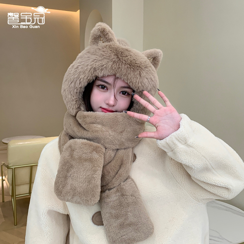 9979 winter sleeve cap Women's scarf gloves one-piece hat plus velvet thermal three-piece suit ear protection knitting plush bonnet