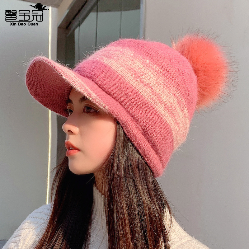 9870 autumn and winter New pure color rabbit fur warm ear protection knitted hat Korean style trendy casual baseball cap Women's hat