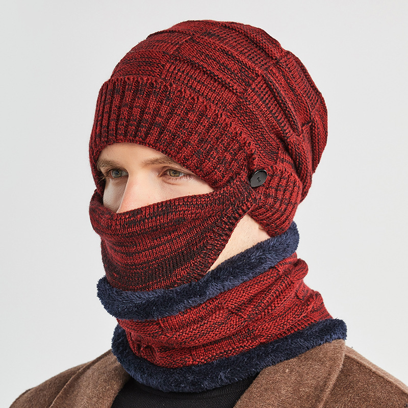 9122 hat Scarf mask three-piece set men's autumn and winter all-matching warm woolen knitted hat plus velvet thickened cycling