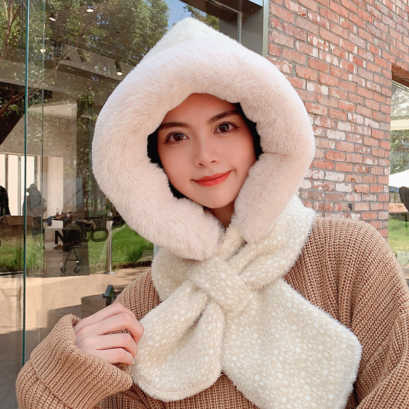 9850 Korean style winter New plush bonnet fleece-lined windproof sleeve cap thick warm cross scarf hat integrated