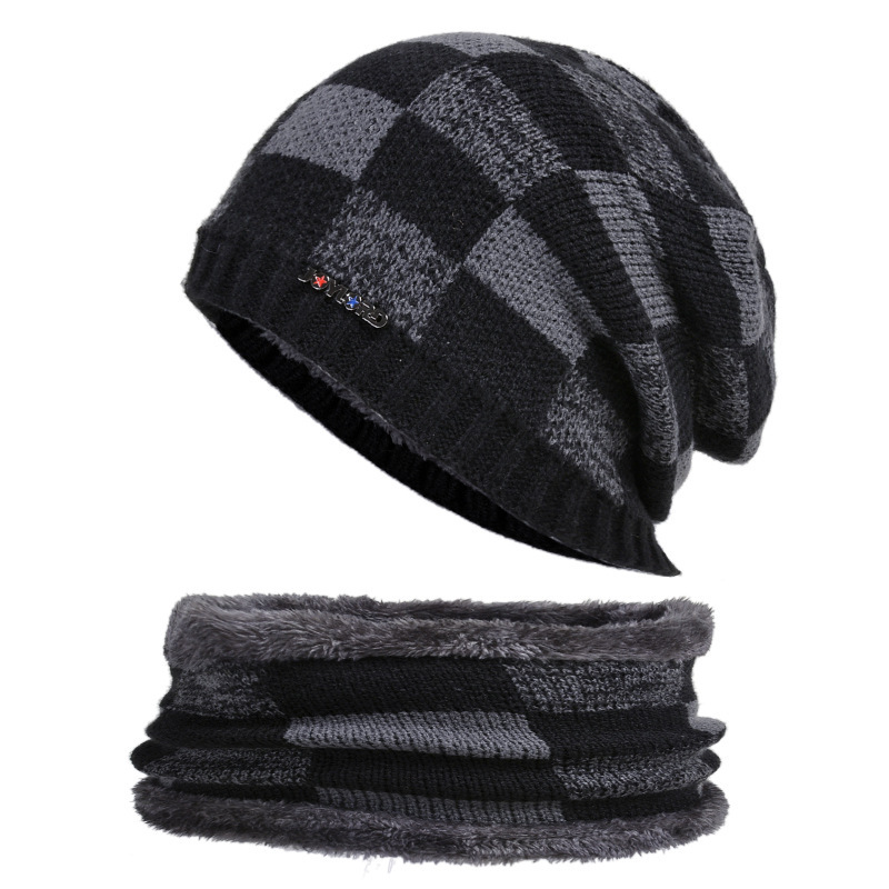9114 winter hat sleeve cap scarf set fleece-lined thickened woolen cap men's European and American Fall Winter men knitted hat