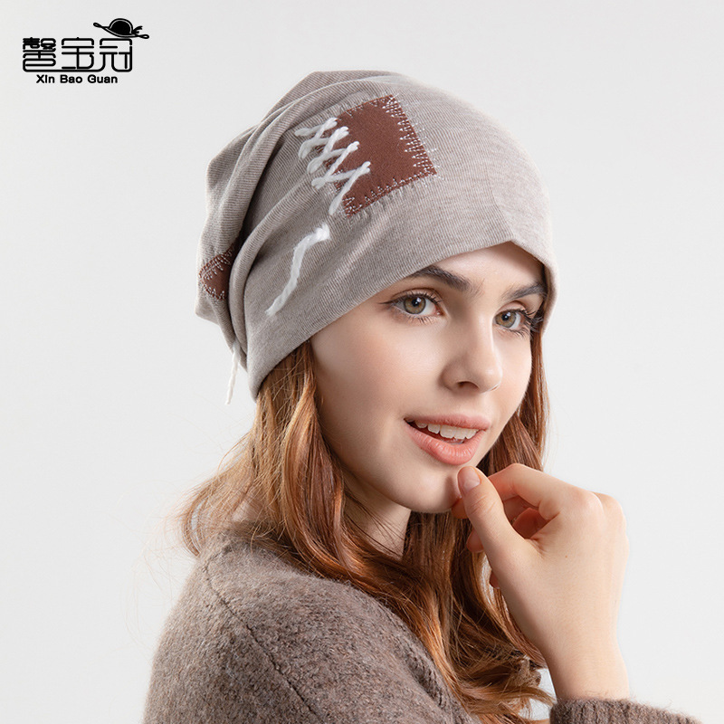 8162 autumn and winter New knitted pile heap cap Korean style lace patch head-wrapping hat female ear protection face slimming confinement cap