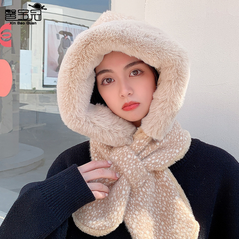 9850 Korean style winter New plush bonnet fleece-lined windproof sleeve cap thick warm cross scarf hat integrated