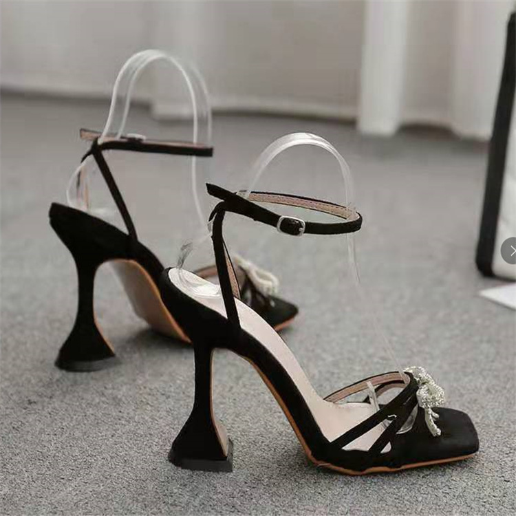 FS022 Summer New European and American Fashion Bow High Heel Women's Shoes Water Diamond Buckle Decoration Square Head Wine Cup and Sandals Wholesale