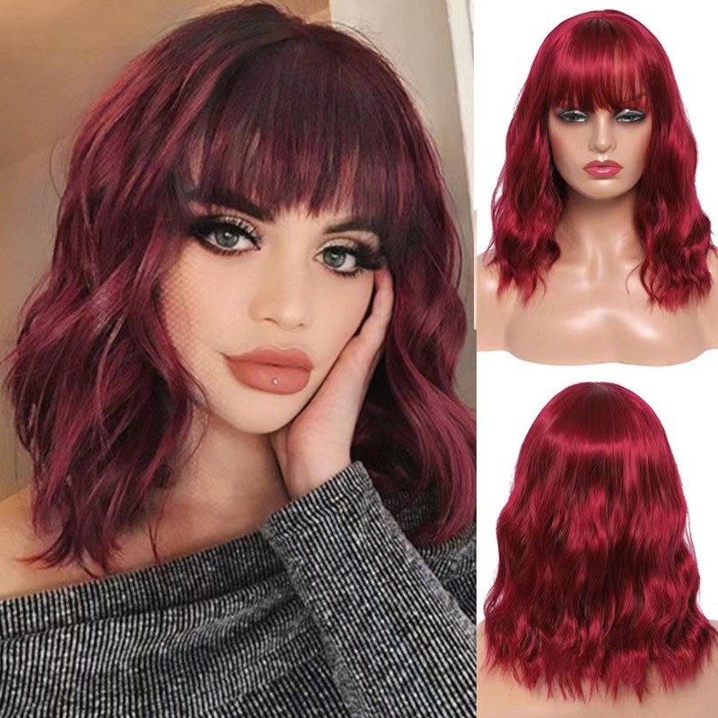 European and American new wig artificial hair Women's Air bangs water ripple mid-length curly hair full-head wig factory spot