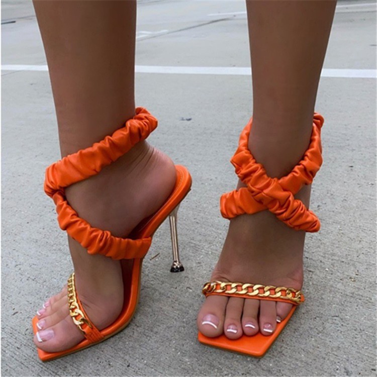 FS024 Summer New 100 Pleated European and American Sandals with Open Toe Metal Decoration Cross border Large Size Women's Stiletto Heels Hollow out High Heels