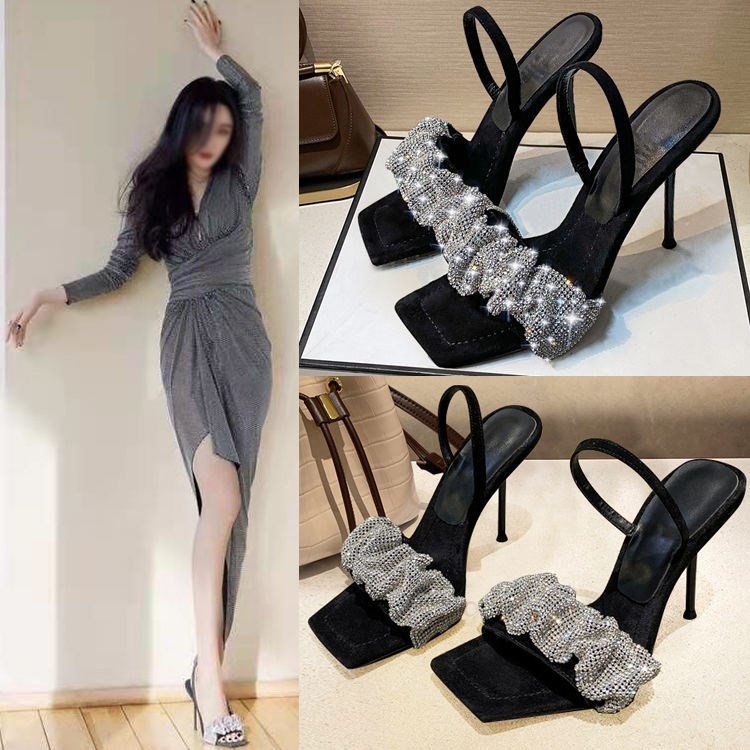 FS081 Network Red Same Style Sandals Women's Summer New Fairy Style Slippers Water Diamond Slim Heels High Heels Large Size Sandals