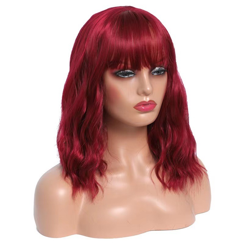 European and American new wig artificial hair Women's Air bangs water ripple mid-length curly hair full-head wig factory spot