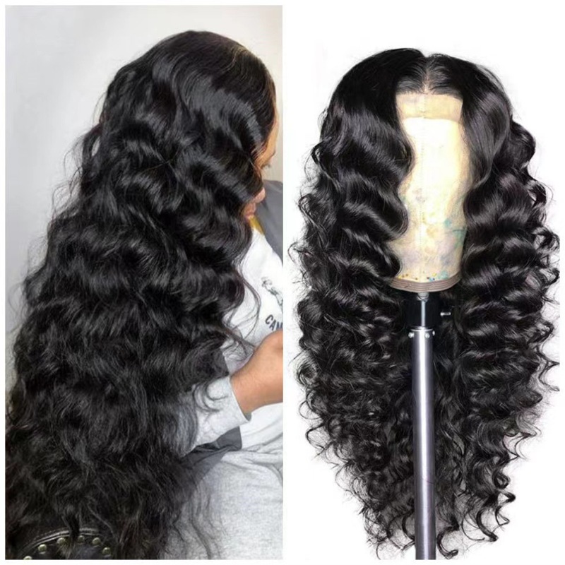 European and American ladies wig front lace African Chemical Fiber long curly hair big wave wig wig black matte silk