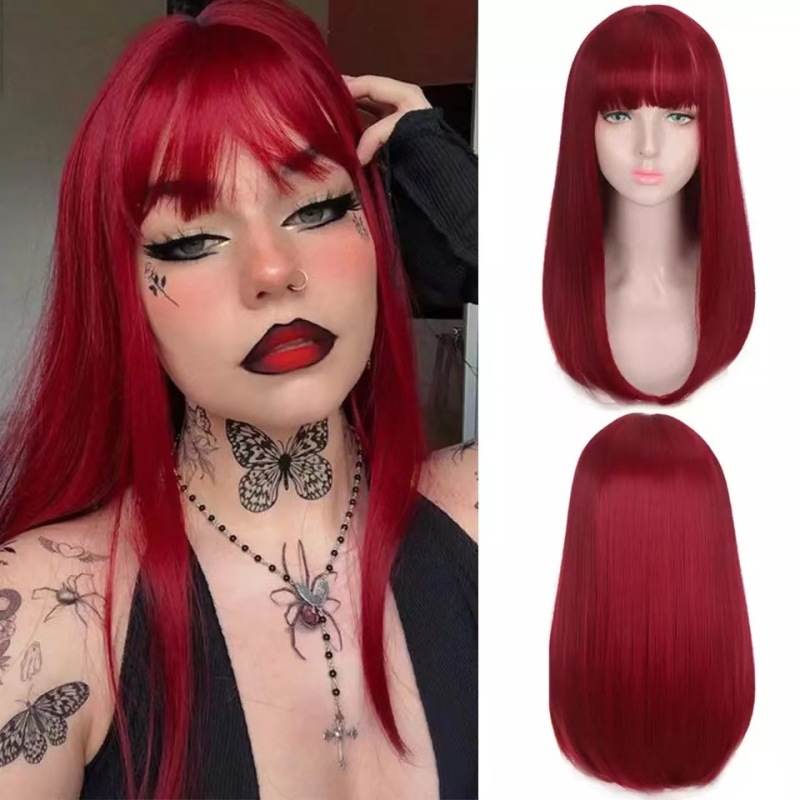 AliExpress new European and American style wig long straight hair female wigs straight bangs long straight chemical fiber hair wig head cover in stock