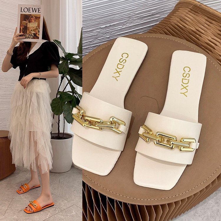 FS081 Sandals and Slippers Women's Summer New One line Metal Chain Outwear Fashion Ladies Shoes41-42