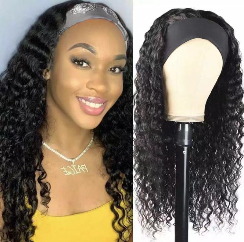 Amazon new wig sheath European and American ladies turban wig ice silk hair band curly hair wrap wig in stock wholesale