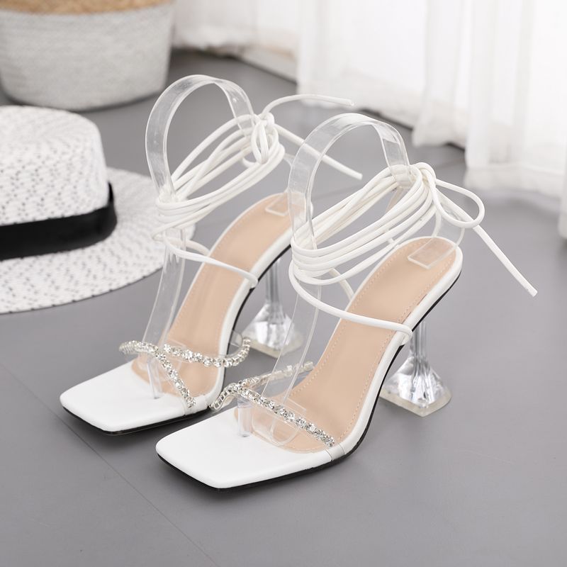 FS103 AliExpress Amazon Water Diamond Square Head Crystal Wine Cup with Women's Shoes Lace up and Strap 42 Large High Heel Sandals