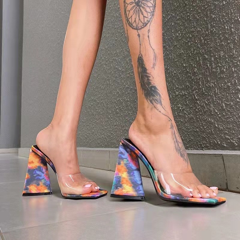 FS053 Cross border Foreign Trade New European and American Walk Show Colored Triangle High Heel Thick Heels Sandals for Women Heels