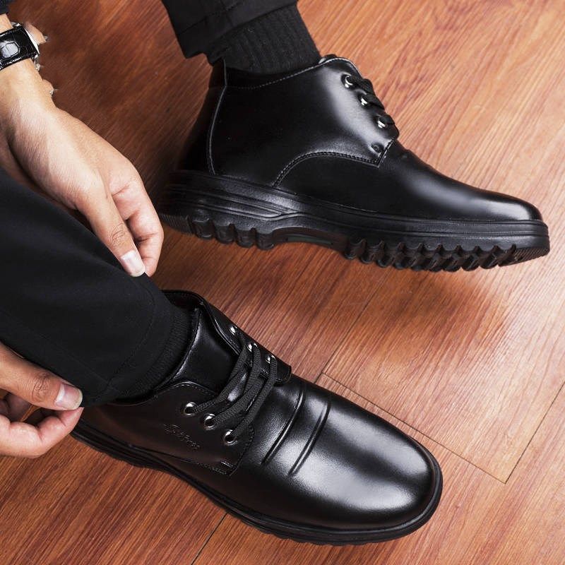 High-top leather shoes men's velvet warm cotton shoes middle-aged men's casual shoes black men's flat heel thickened men's shoes