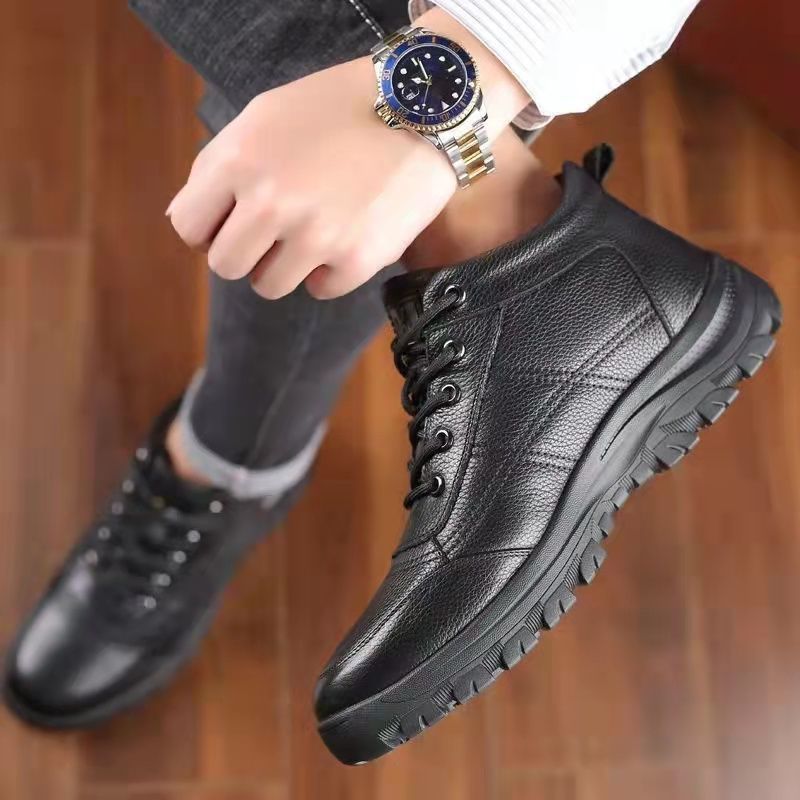 Cotton-padded leather shoes men's soft leather winter middle-aged and elderly high-top non-slip velvet thickening dad warm elderly walking cotton-padded shoes men