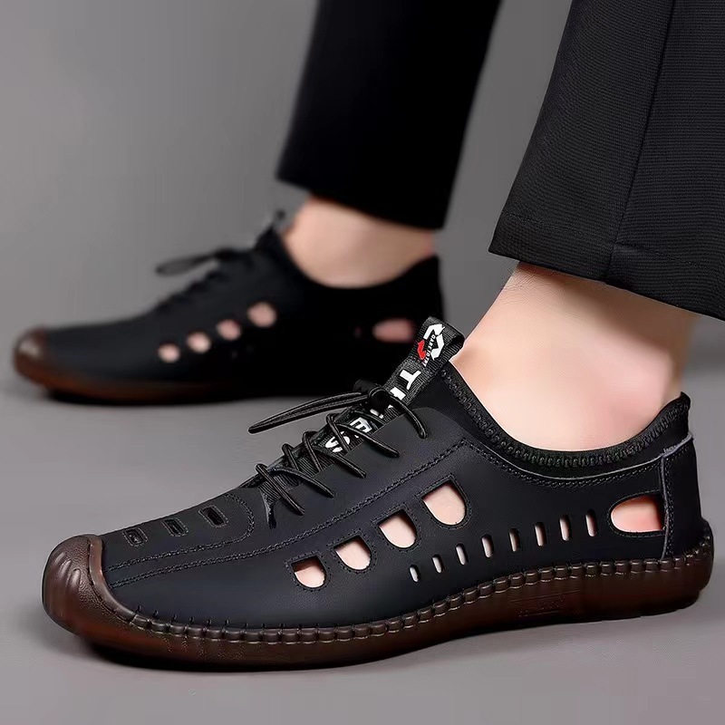 Summer men's casual leather shoes men's shoes hollow out soft bottom soft surface tendon bottom non-slip fashion shoes beach shoes men