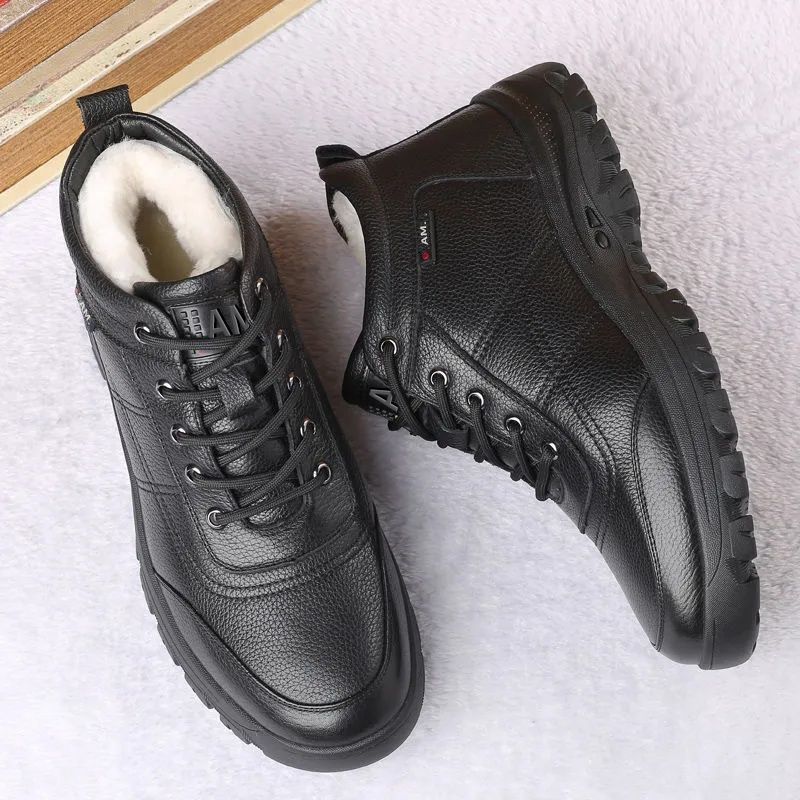 Cotton-padded leather shoes men's soft leather winter middle-aged and elderly high-top non-slip velvet thickening dad warm elderly walking cotton-padded shoes men