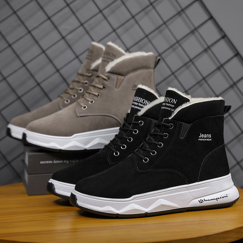 Winter Northeast snow boots men's lace up fleece-lined warm high-top platform thickened Korean style men's cotton boots tide