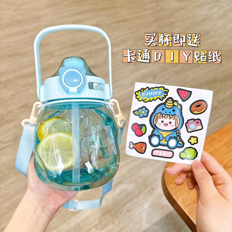 Simple big belly Cup with tea infuser portable student straw Cup cute stickers portable large capacity plastic cup wholesale