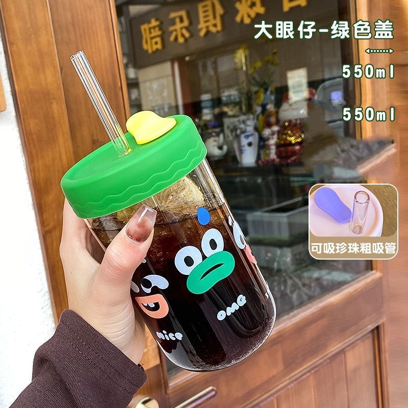 Internet celebrity big eyes glass cup for girls good-looking household straws milky tea cup summer new juice cup wholesale