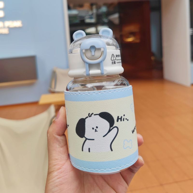 Cute puppy glass hot selling product Cup with leather cover anti-scald straw Cup student gift Cup wholesale