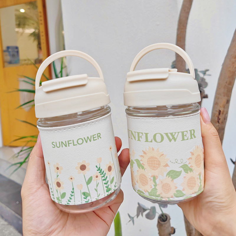 Fashion sunflower glass cup Xiaohongshu hot selling product leather cover coffee cup anti-scald and high temperature resistant pairs drinking cup wholesale
