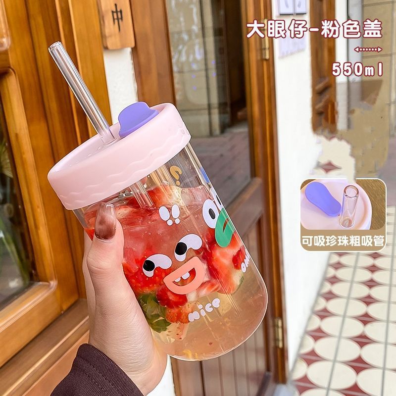 Internet celebrity big eyes glass cup for girls good-looking household straws milky tea cup summer new juice cup wholesale
