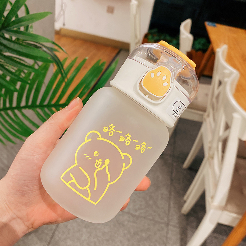 Cute glass cartoon simple pen printing Cup with straw portable compact bounce cover water Cup student gift Cup wholesale