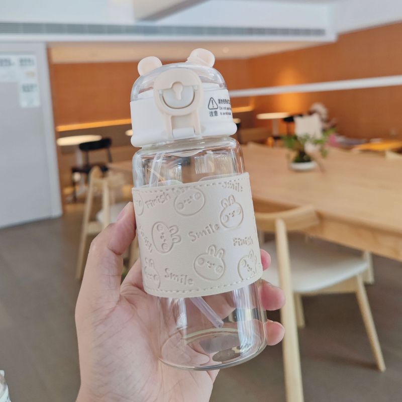 Fresh simple glass cute bear straw Cup portable belt leather case anti-scald Cup gift couple's cups