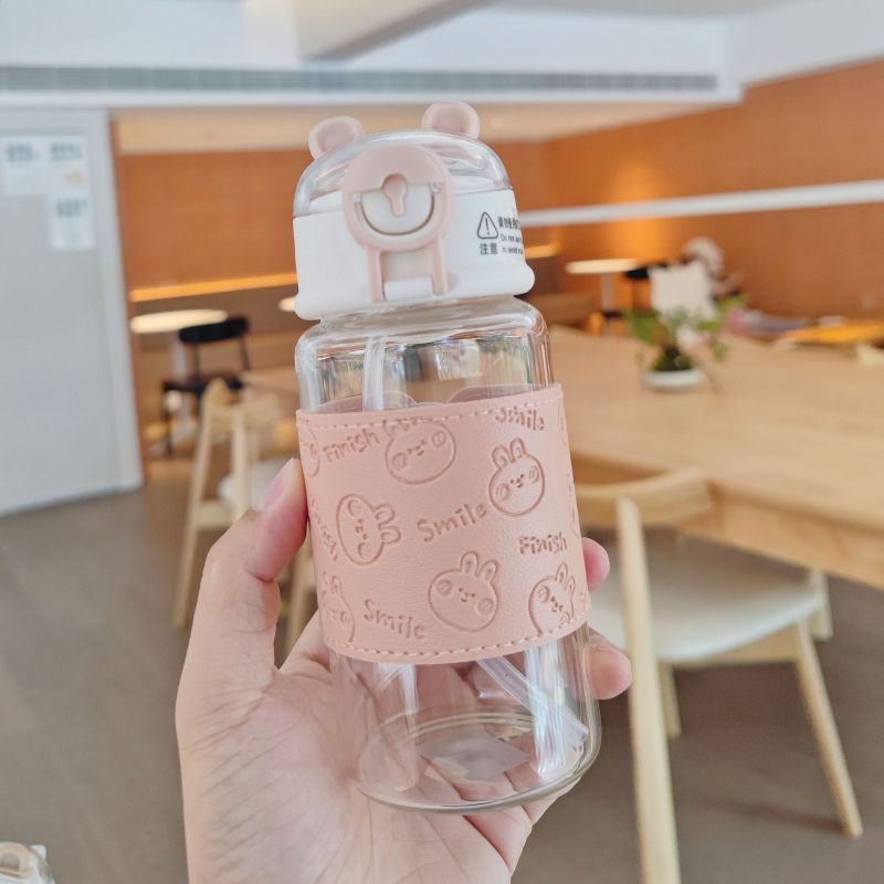 Fresh simple glass cute bear straw Cup portable belt leather case anti-scald Cup gift couple's cups