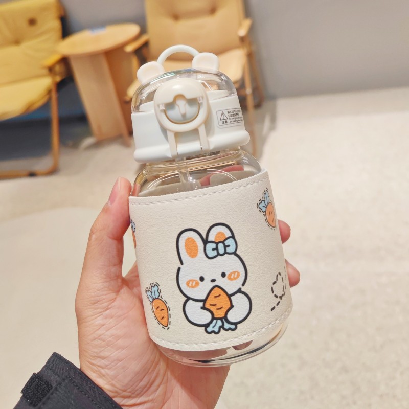 New cute bear glass high-profile figure cup with leather cover anti-scald straw Cup student gift Cup wholesale