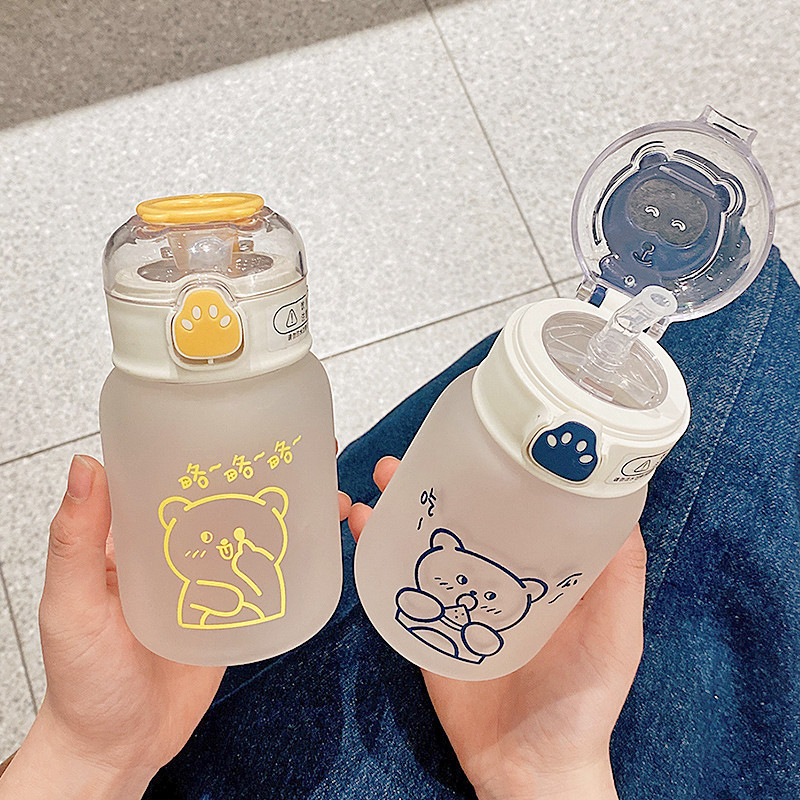Cute glass cartoon simple pen printing Cup with straw portable compact bounce cover water Cup student gift Cup wholesale