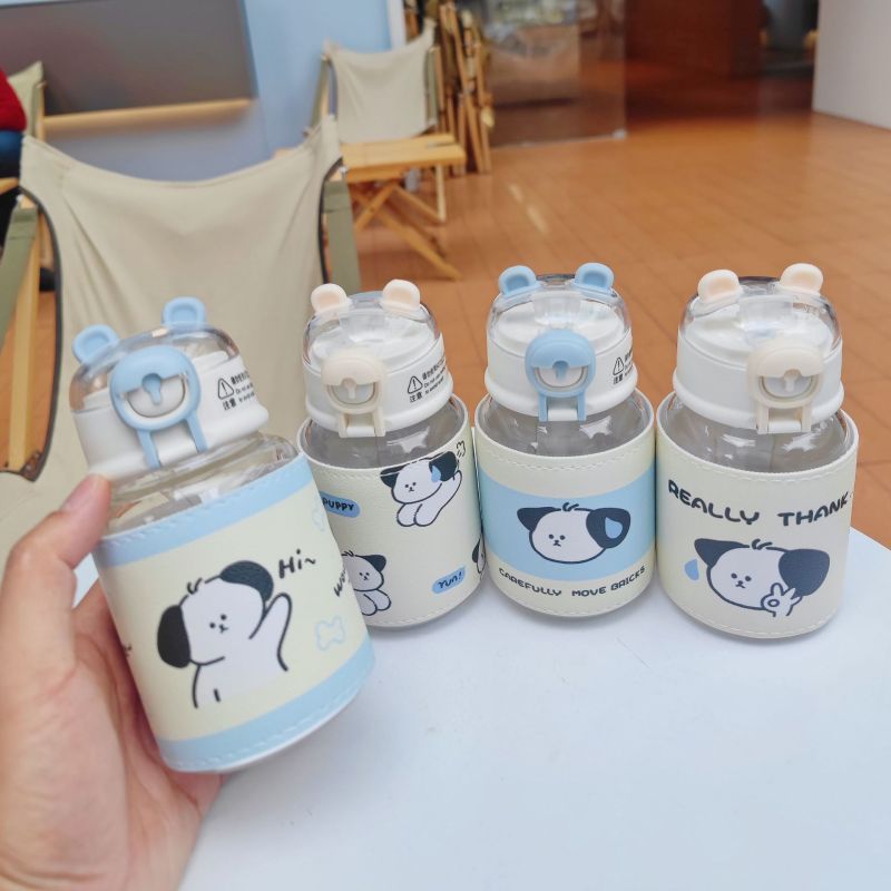Cute puppy glass hot selling product Cup with leather cover anti-scald straw Cup student gift Cup wholesale