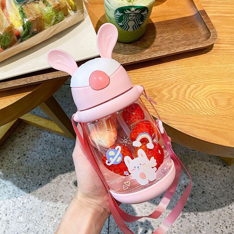 Cute rabbit Cup with straw plastic portable back water Cup good-looking adorable girl student children water Cup wholesale