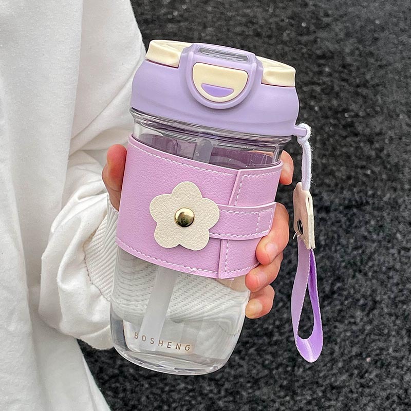 Simple personality fresh double drink plastic cup Ladies Cup with straw straight drink cup small flower girls handy cup wholesale
