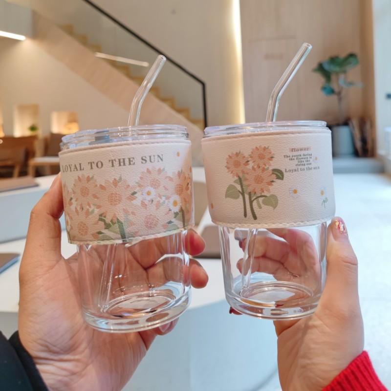 Internet celebrity sunflower straw glass cup with leather case anti-scald Coffee Cup fashion double drinking cup heat resistant cup wholesale
