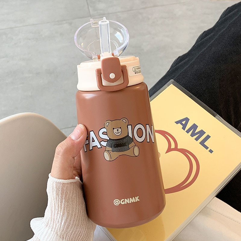 Creative cute bear straw thermal insulation Cup good-looking girl drinking bottle 304 stainless steel vacuum cup portable cup