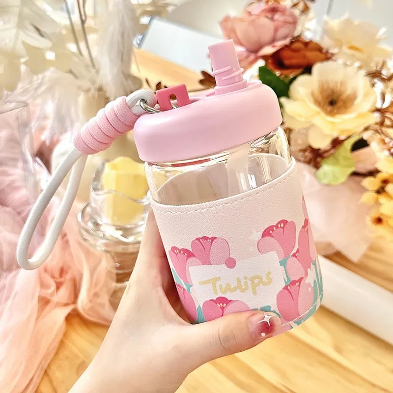 Trending girl glass cup good-looking fresh female student portable insulated leather cover water cup gift Cup wholesale