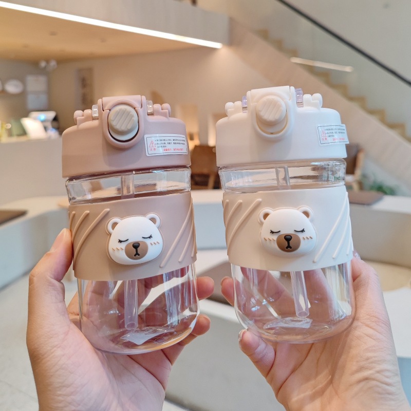 Cute bear coffee cup tropical straw plastic cup with silicone non-slip handheld Cup fashion Ladies' Cup
